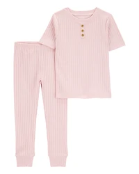 Baby Solid Ribbed Cotton Blend 2-Piece Pyjamas - Pink