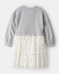 Girls Metallic Star Long-Sleeve Tulle Dress - Grey