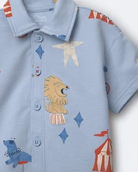 Toddler Boy Button-Down Short-Sleeve Shirt Circus Print - Blue