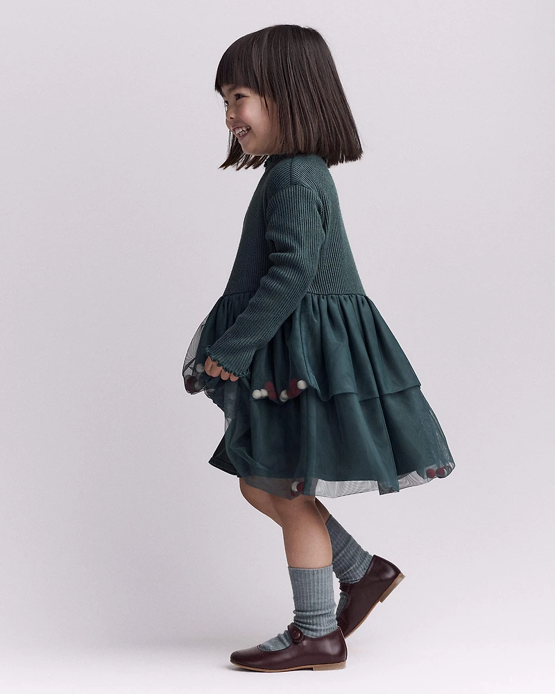 Toddler Girl Tree Pom Long-Sleeve Tutu Dress - Green