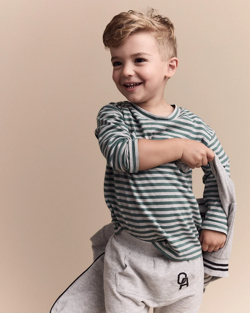 Toddler Striped Long-Sleeve Relaxed Tee - Green/Heather Grey