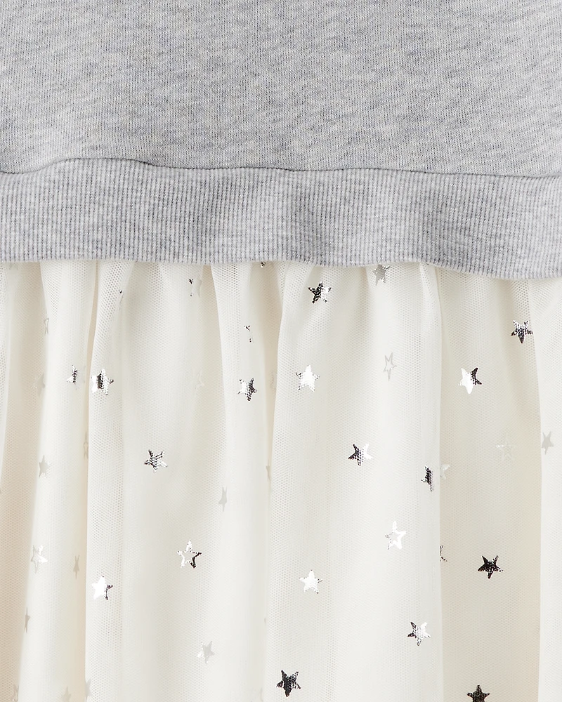 Girls Metallic Star Long-Sleeve Tulle Dress - Grey