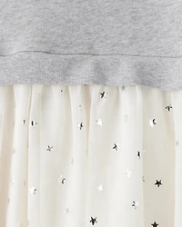 Girls Metallic Star Long-Sleeve Tulle Dress - Grey