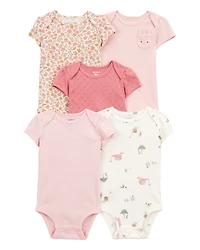 Baby Girl 5-Pack Floral Bunny Short-Sleeve Cotton Bodysuits