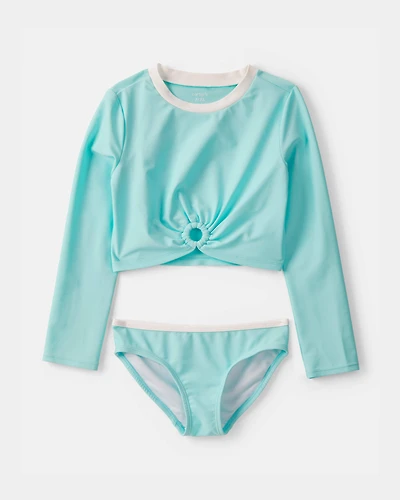 Girls 2-Piece Solid Long-Sleeve Rashguard Swimsuit Set - Blue