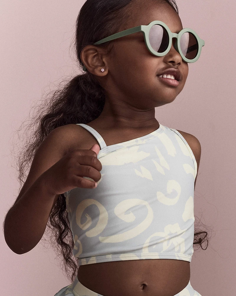 Toddler Girl Tropical One-Shoulder Ruffle Tankini Set - Sage