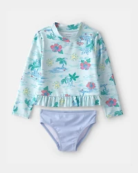 Toddler Girl 2-Piece Beach  Long-Sleeve Rashguard Swimsuit Set - Blue