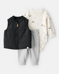 Baby Boy 3-Piece Quilted Vest Outfit Set - Grey/Black