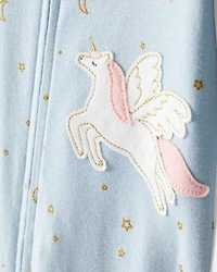 Baby Girl Unicorn Star Print 100% Cotton Long-Sleeve 2-Way Zip 1-Piece Pyjamas - Blue