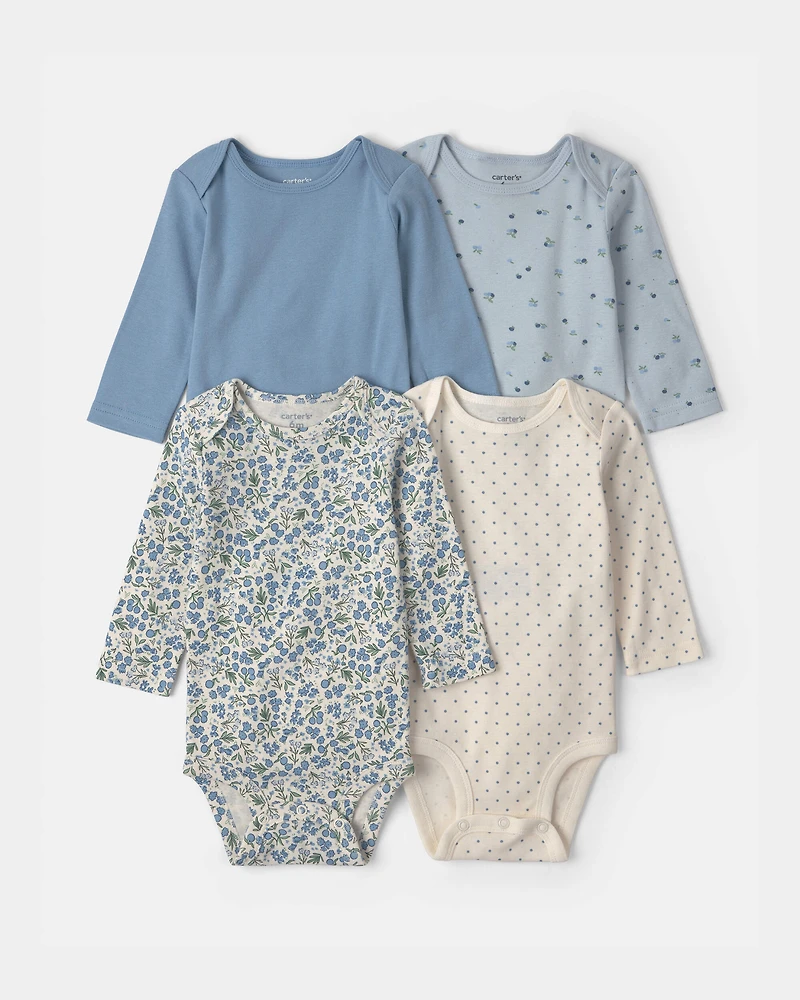 Baby Girl 4-Pack Blueberry Floral Long-Sleeve Bodysuits - Blue