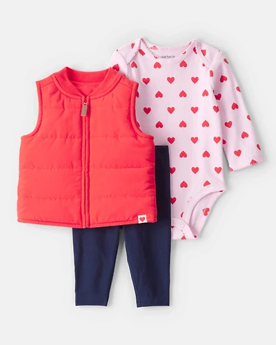 Baby Girl 3-Piece Puffer Vest Outfit Set - Red