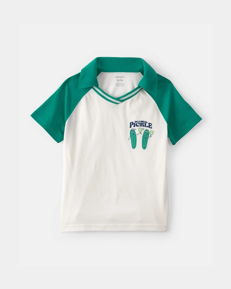 Toddler Boy Pickleball Polo Shirt - Green/Ivory