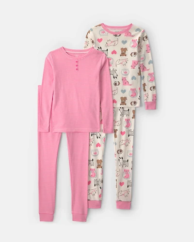 Girls 4-Piece Pets 100% Cotton Snug Fit Pyjama Set - Pink/Cream