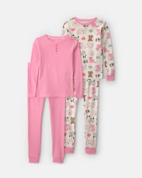 Girls 4-Piece Pets 100% Cotton Snug Fit Pyjama Set - Pink/Cream