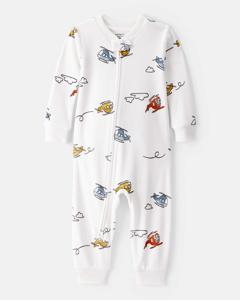 Baby Boy Helicopter Print DreamPlush Snug Fit Long-Sleeve 2-Way Zip 1-Piece Pyjamas - White