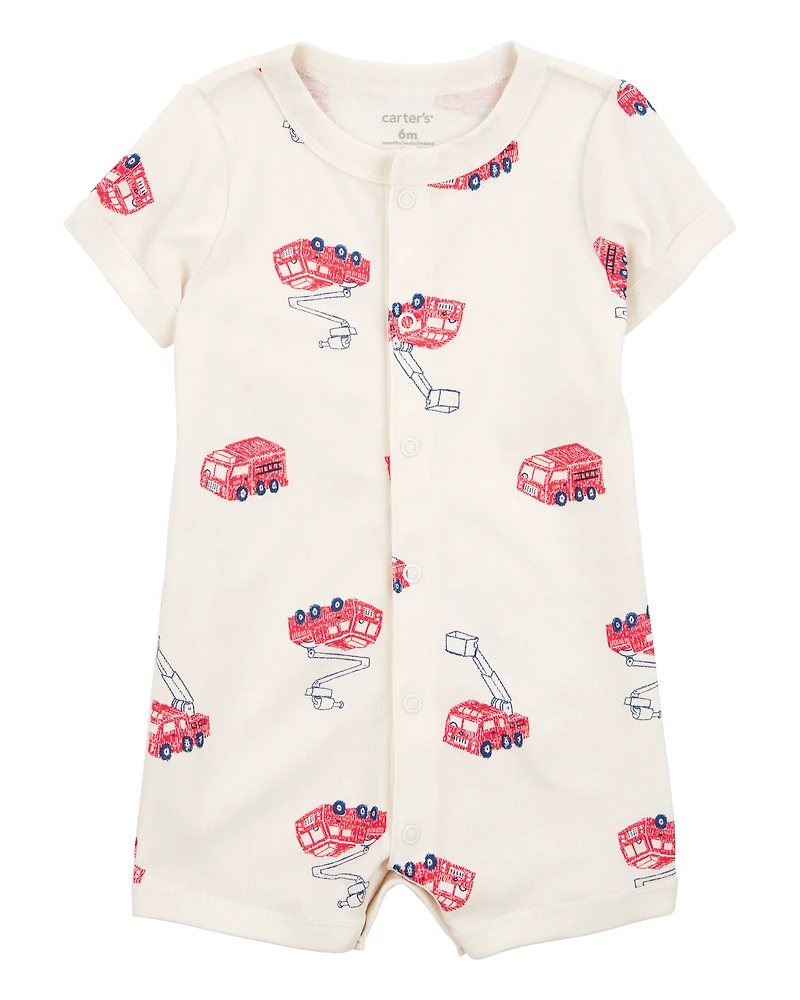 Baby Boy Fire Truck Short-Sleeve Romper - Cream