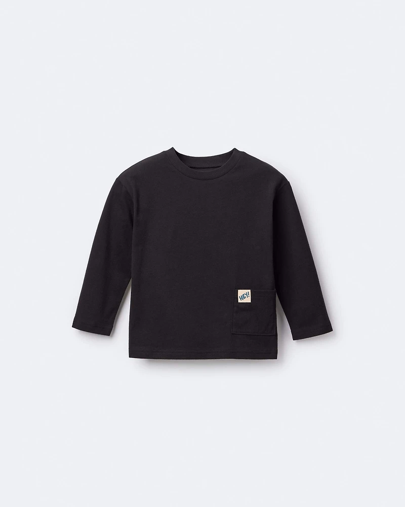 Toddler Hey Long-Sleeve Pocket Graphic Tee - Black