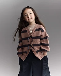 Toddler Girl Striped Puff-Sleeve Cardigan with Bows - Mocha Brown/Black