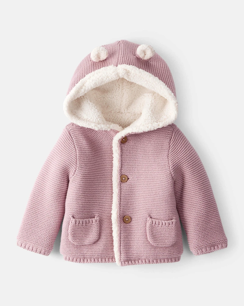 Baby Girl Sherpa Lined Cotton Long-Sleeve Sweater - Pink