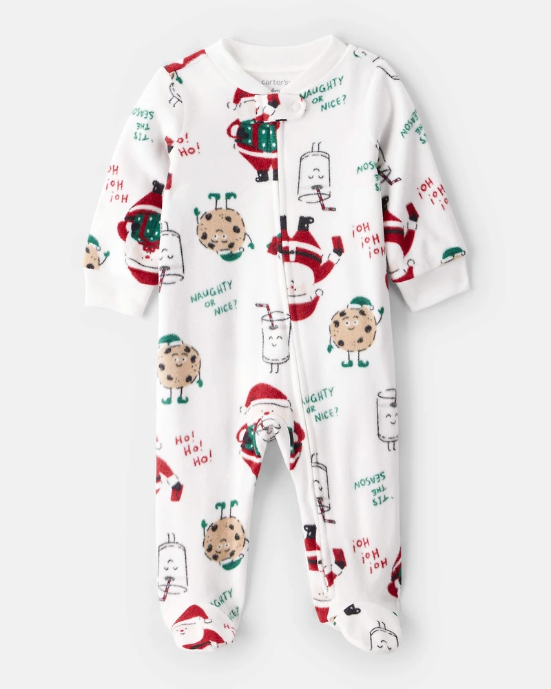 Baby Santa Print Loose Fit Fleece Long-Sleeve Sleeper - White