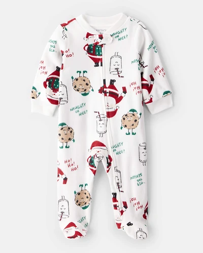 Baby Santa Print Loose Fit Fleece Long-Sleeve Sleeper - White