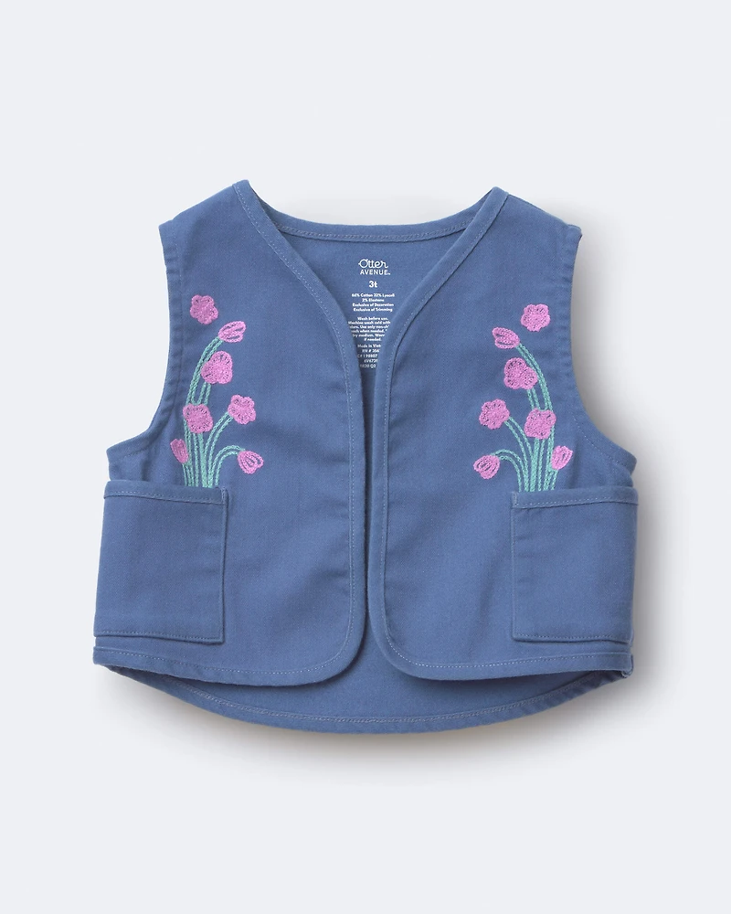 Toddler Girl Embroidered Cropped Vest with Otter Pockets - Slate Blue