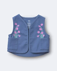 Toddler Girl Embroidered Cropped Vest with Otter Pockets - Slate Blue
