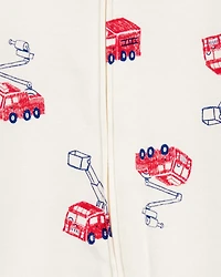 Baby Boy Fire Truck Print 2-Way Zip Cotton Sleeper Pyjamas - Cream