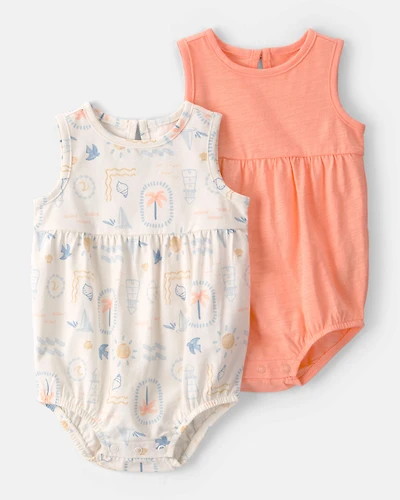Baby Girl 2-Pack Beach Print Cotton Bubble Rompers - Orange/Ivory