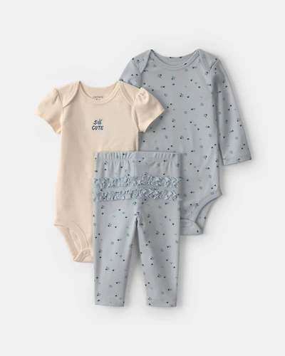 Baby Girl 3-Piece Blueberry Bodysuit & Pant Set - Blue/Ivory