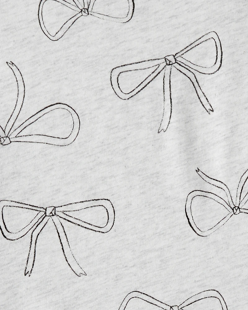 Girls Bow Print Long Sleeve Cotton Dress - Grey