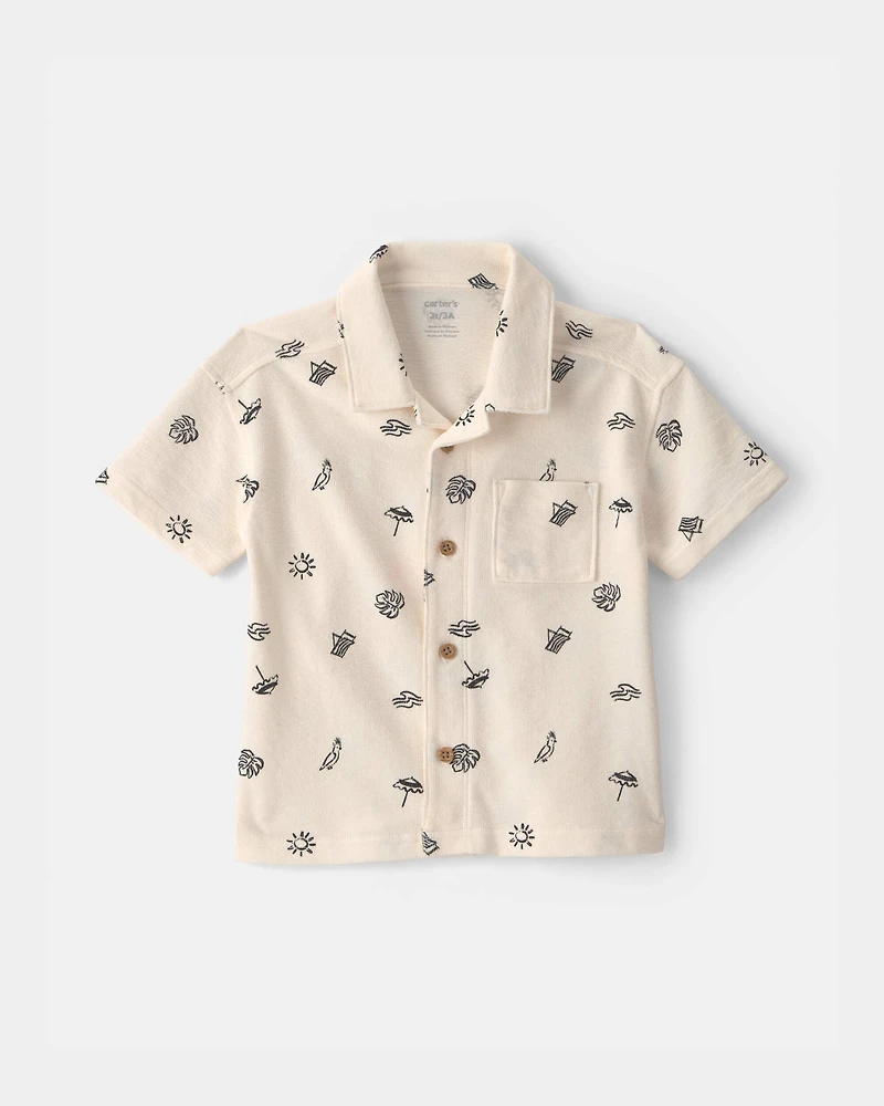 Toddler Boy Beach Short-Sleeve Button-Down Shirt - Cream/Black