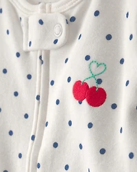 Baby Girl Cherry 2-Way Zip 100% Cotton Sleeper - White