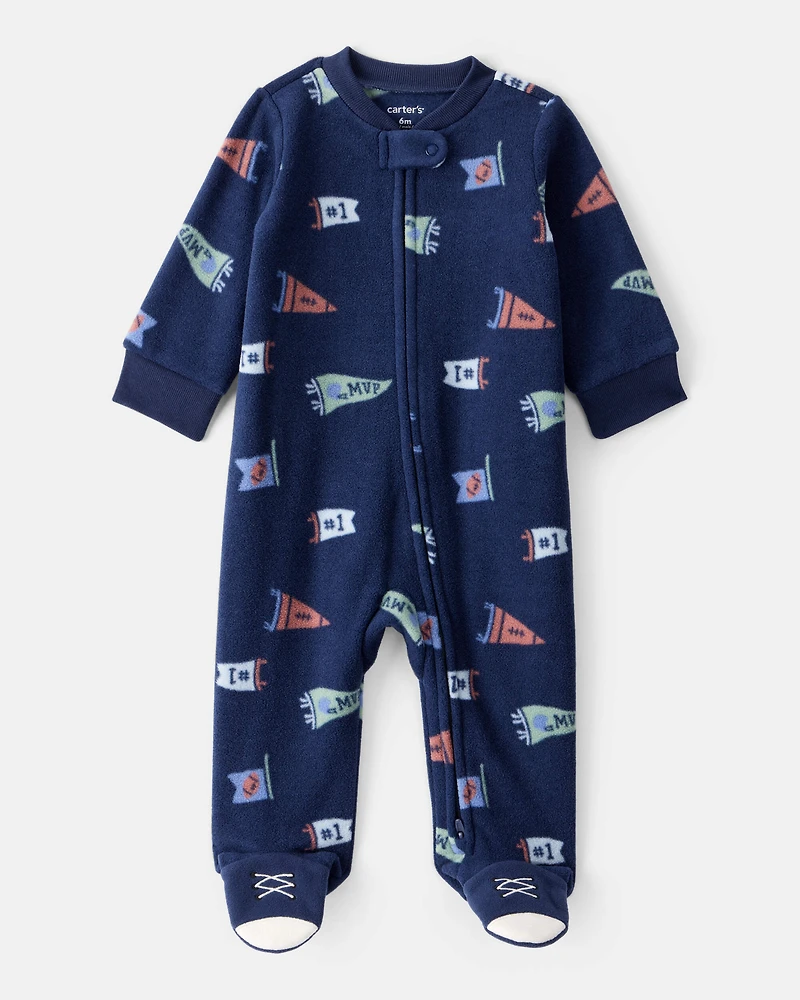 Baby Boy Sports Print Loose Fit Long-Sleeve Sleeper - Navy Blue