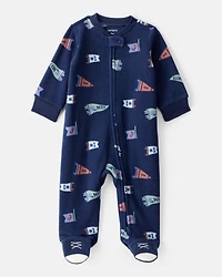 Baby Boy Sports Print Loose Fit Long-Sleeve Sleeper - Navy Blue