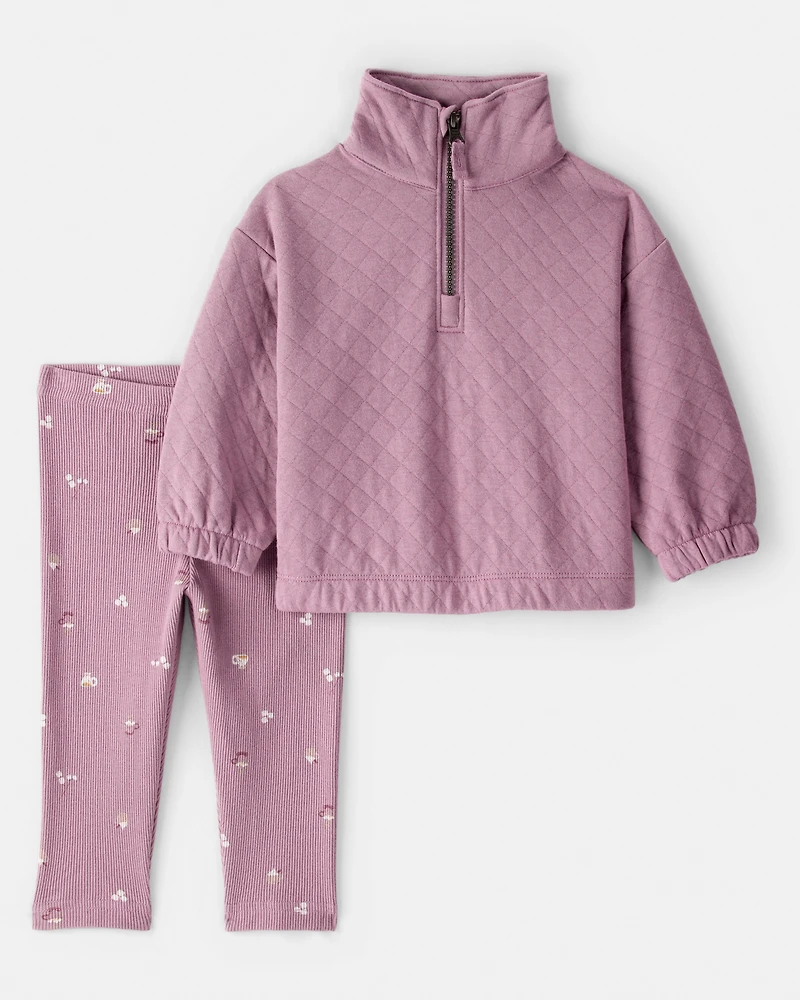 Baby Girl Quilted Quarter-Zip & Floral Legging Set - Purple