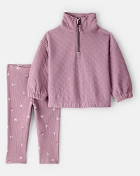 Baby Girl Quilted Quarter-Zip & Floral Legging Set - Purple