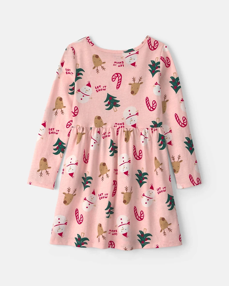 Girls Christmas Long-Sleeve Dress - Pink