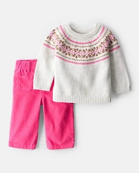 Baby Girl 2-Piece Fair Isle Sweater & Pant Set - Pink