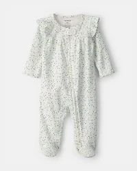 Baby Girl Floral 2-Way Zip 100% Cotton Sleeper - Green/Ivory