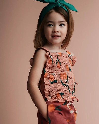 Toddler Girl Smocked Bib Top Clementine Grove Print - Peach