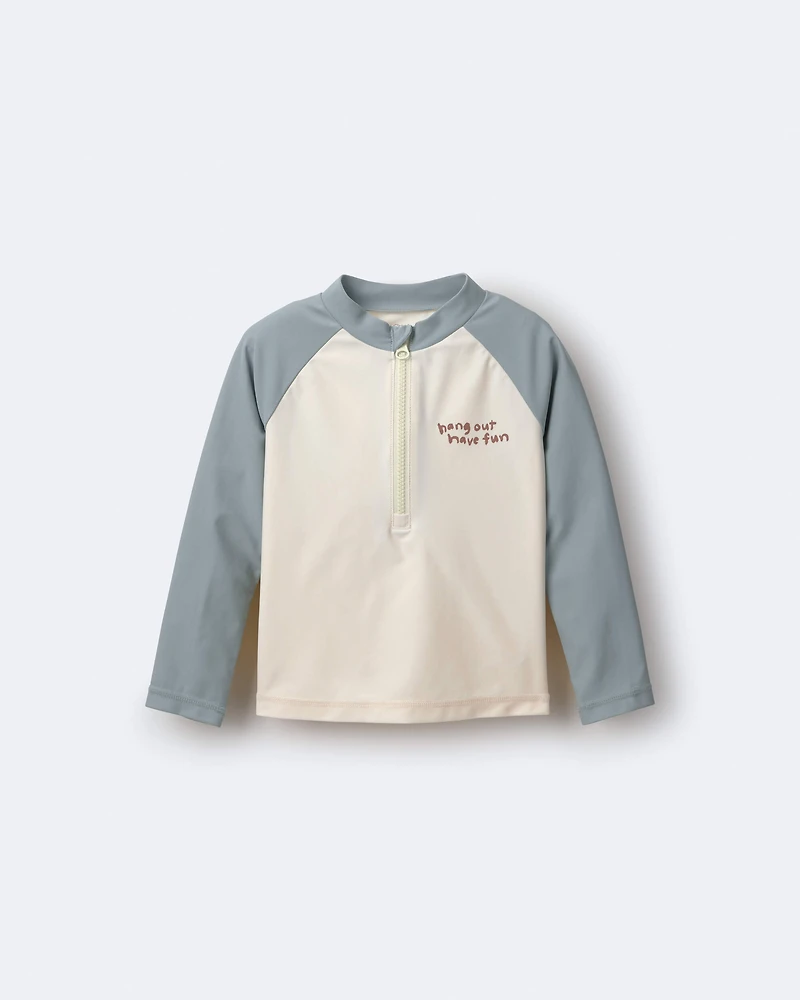 Toddler Boy Hang Out, Have Fun' Half-Zip Long-Sleeve Rashguard - Pale Blue/Cream