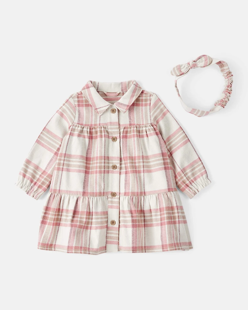 Baby Girl 2-Piece Print Cotton Long-Sleeve Dress Set - Plaid