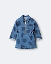 Toddler Girl Zip-Up Denim Shirt Dress with Shapes - Blue