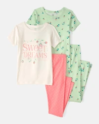 Girls Strawberry 100% Cotton Snug Fit 4-Piece Pajama Set - Green/Pink