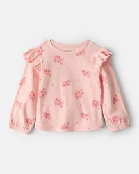 Baby Girl Floral Cotton Ruffle Long-Sleeve Top - Pink