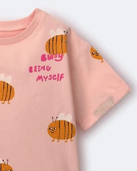 Toddler Girl Rolled Cuff Tee Bee Print - Light Pink