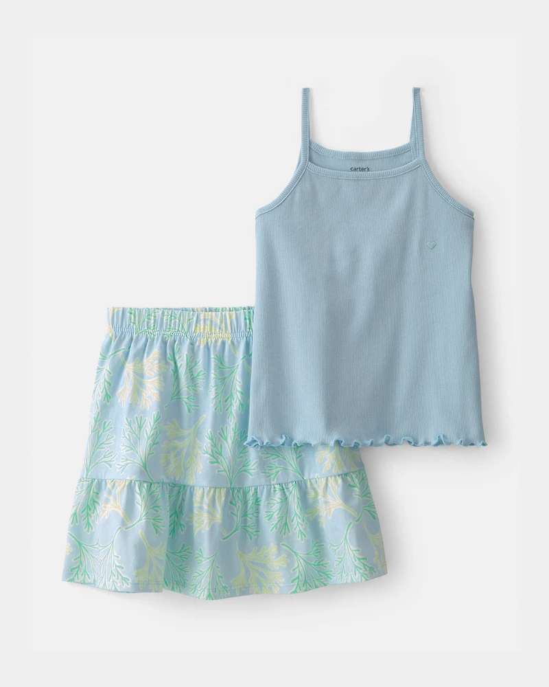 Girls 2-Piece Tank Top & Tropical Floral Skirt Set - Blue