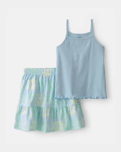 Girls 2-Piece Tank Top & Tropical Floral Skirt Set - Blue