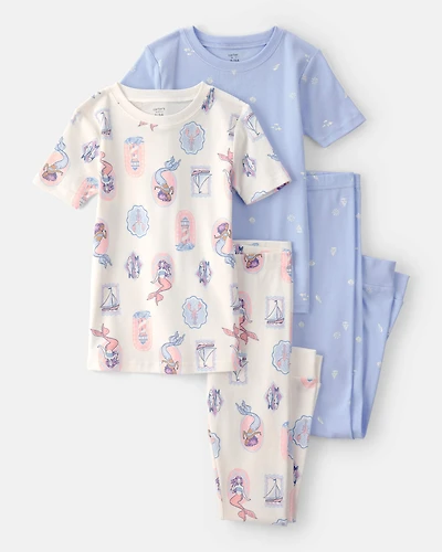 Girls Mermaid 100% Cotton Snug Fit 4-Piece Pyjama Set - Blue/Ivory